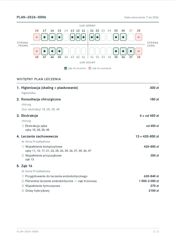 Wydruk dla pacjenta: diagram zębów i wykaz procedur z cenami.